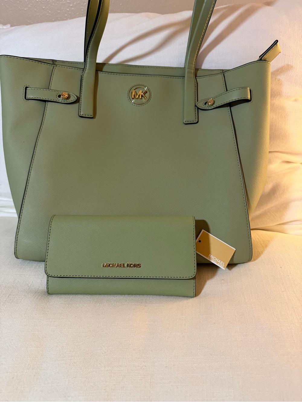 Michael Kors sage Green Saffiano Tote with Matching Wallet